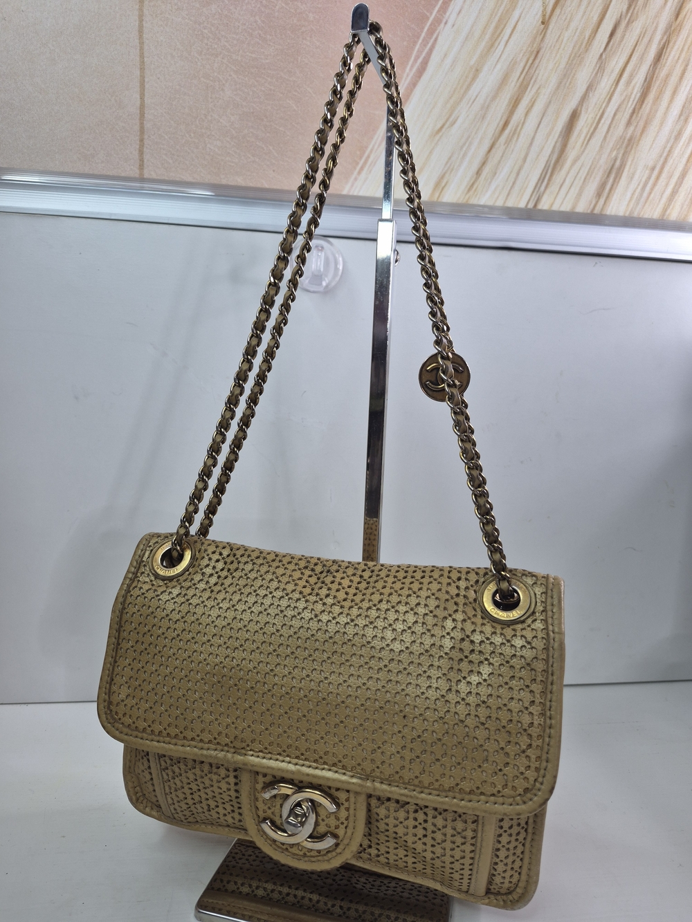 Chanel Woven Leather Shoulder Bag in Light Tan